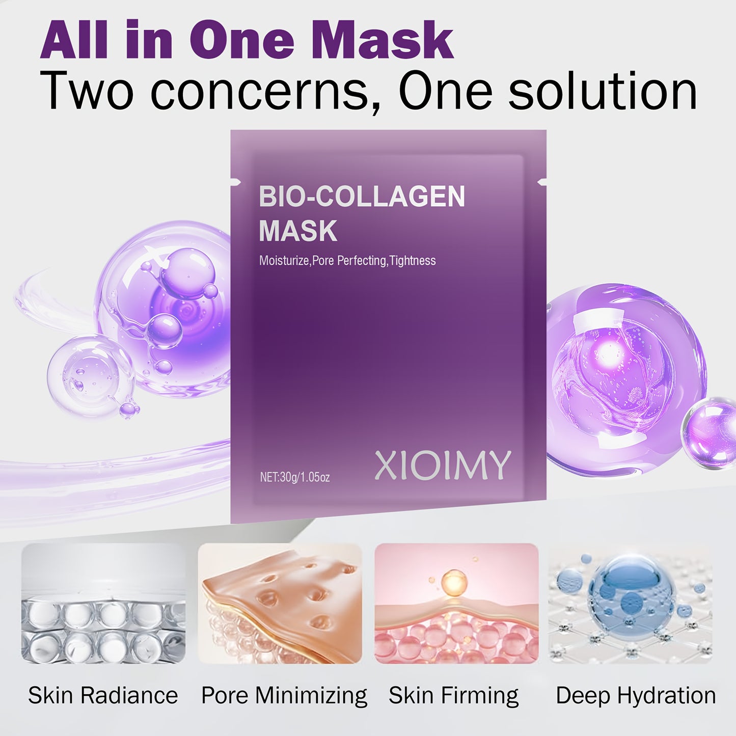 6pcs Purple Bio-Collagen Mask - Alcohol-Free Deep Hydration & Pore Minimizing, 30g/1.06oz, Hypoallergenic for All Light Beige Types, Brightening & Tightening, Alcoholfree Skincare, Sleek Packaging, Alcoholfree Skincare