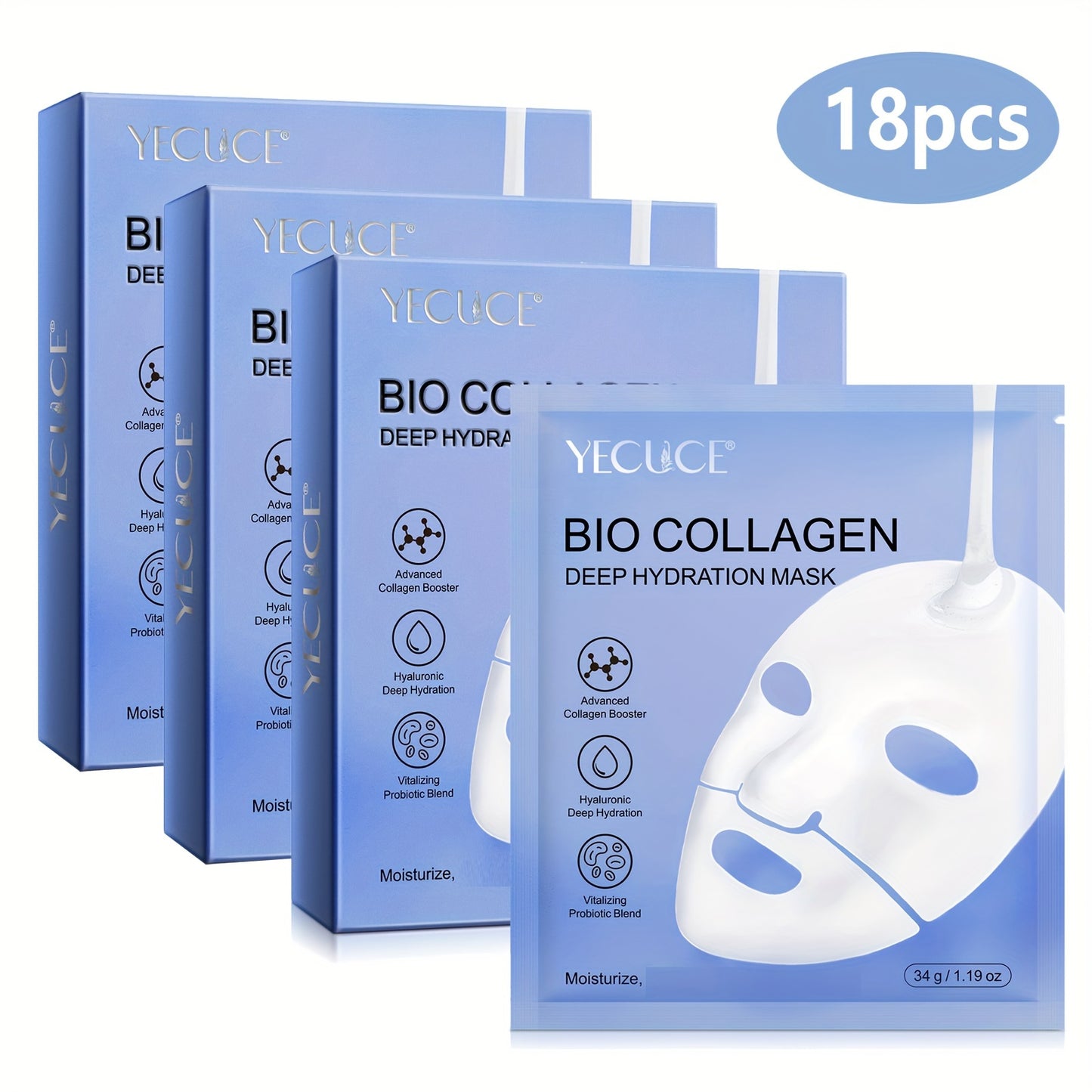 18pcs Collagen Mask, Deep Moisturizing, Contains Collagen, Hyaluronic Acid, Vitamin E And Niacinamide, Suitable for All Skin Types to Moisturize, Gift for Girls, Facial Moisturizing Mask