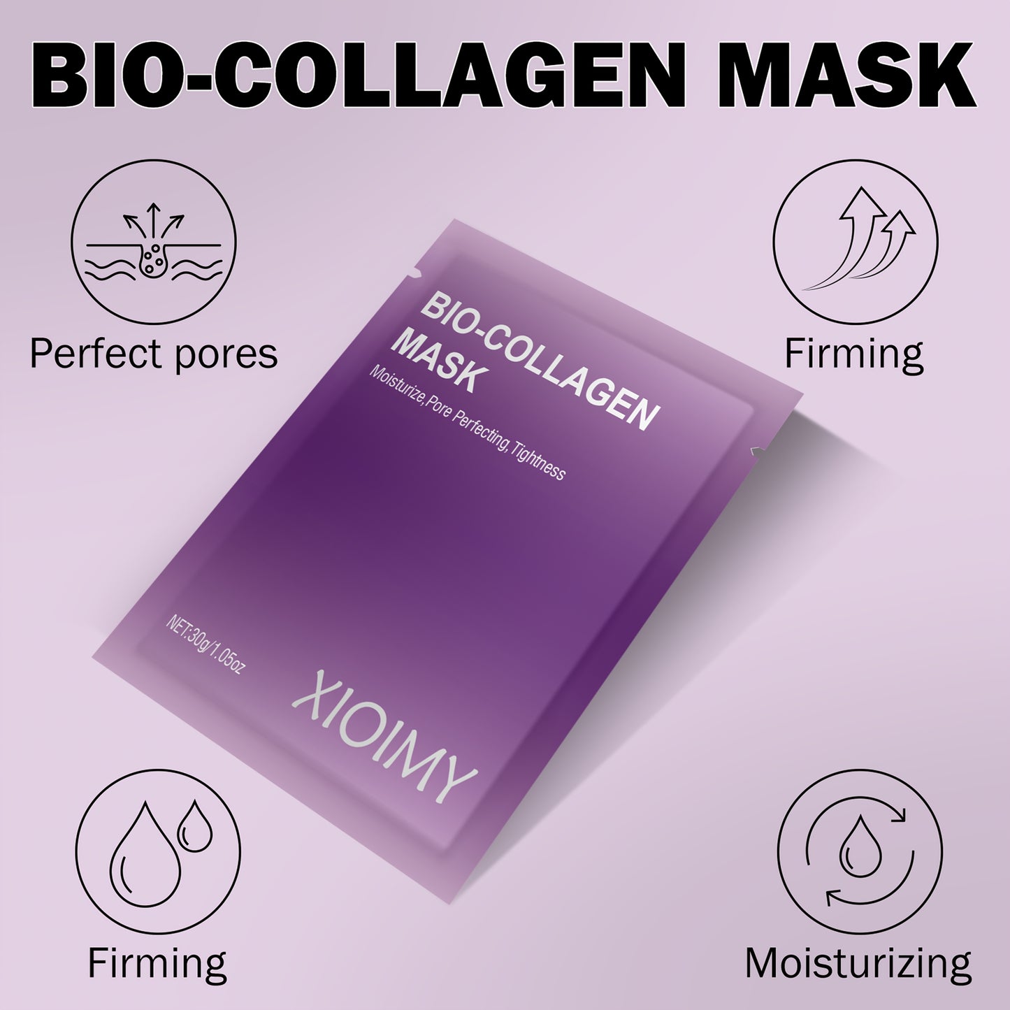 6pcs Purple Bio-Collagen Mask - Alcohol-Free Deep Hydration & Pore Minimizing, 30g/1.06oz, Hypoallergenic for All Light Beige Types, Brightening & Tightening, Alcoholfree Skincare, Sleek Packaging, Alcoholfree Skincare