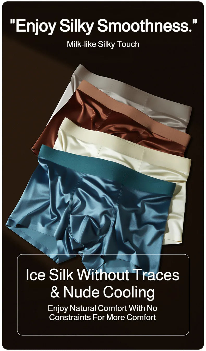 Premium Antibacterial Boxer Shorts Men's Summer Ice Silk Underwear with Mulberry Silk Gusset Seamless Design for Luxury Comfort