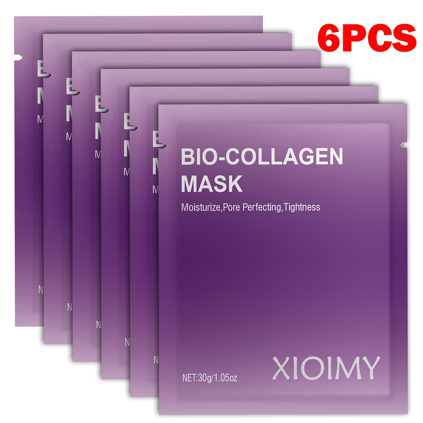6pcs Purple Bio-Collagen Mask - Alcohol-Free Deep Hydration & Pore Minimizing, 30g/1.06oz, Hypoallergenic for All Light Beige Types, Brightening & Tightening, Alcoholfree Skincare, Sleek Packaging, Alcoholfree Skincare