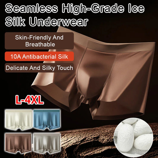 Premium Antibacterial Boxer Shorts Men's Summer Ice Silk Underwear with Mulberry Silk Gusset Seamless Design for Luxury Comfort