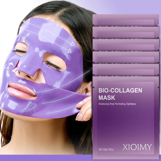 6pcs Purple Bio-Collagen Mask - Alcohol-Free Deep Hydration & Pore Minimizing, 30g/1.06oz, Hypoallergenic for All Light Beige Types, Brightening & Tightening, Alcoholfree Skincare, Sleek Packaging, Alcoholfree Skincare
